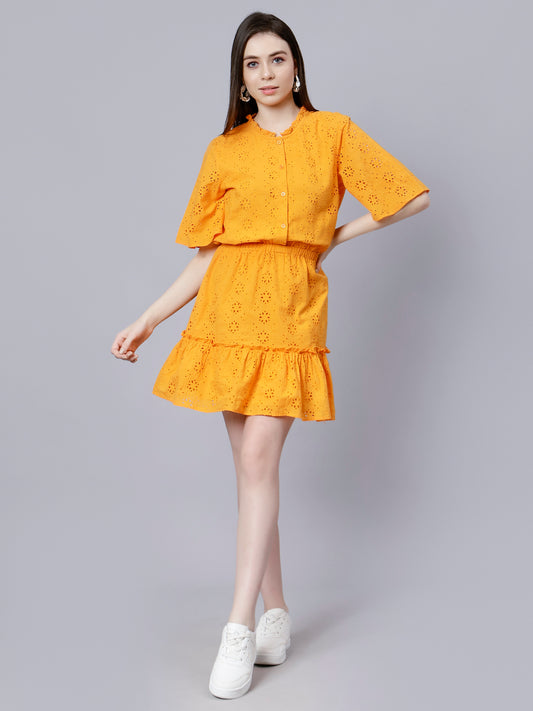 Schiffli Dress With Ruffle Neck And Waist Elasticated