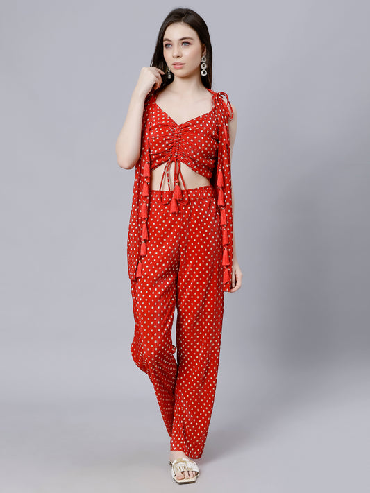 RED PLEATED FESTIVE 3 PC OORD SET WITH BUSTIER AND TASSELS