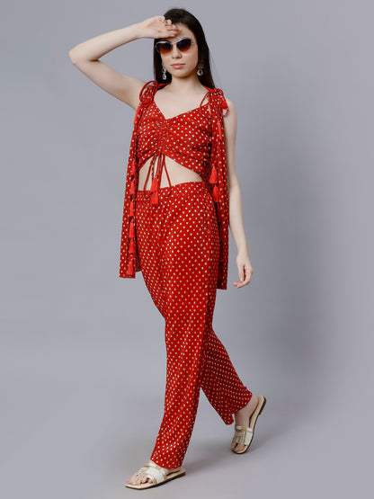 Red Pleated Festive 3 Pc Oord Set With Bustier And Tassels