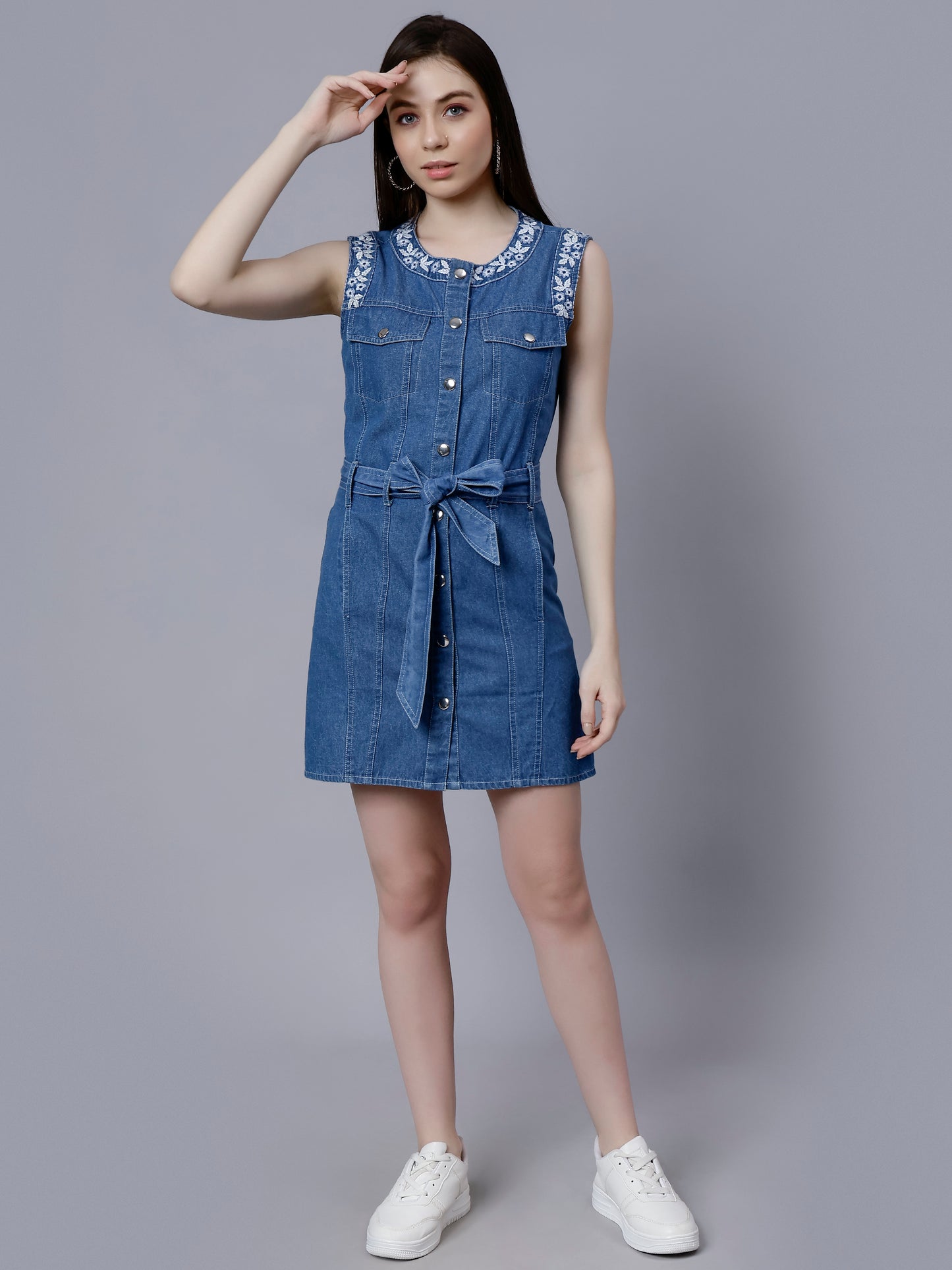 DENIM SHORT DRESS WITH EMBROIDERY WITH FRONT BOW