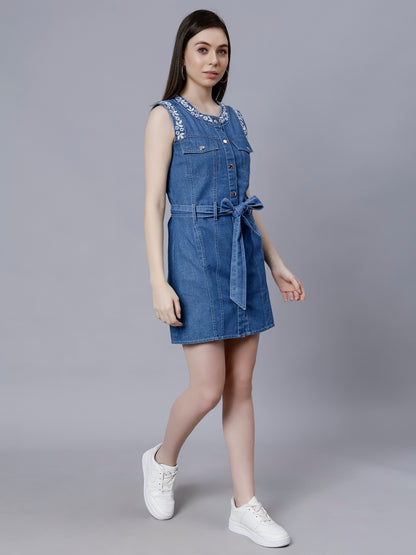 DENIM SHORT DRESS WITH EMBROIDERY WITH FRONT BOW