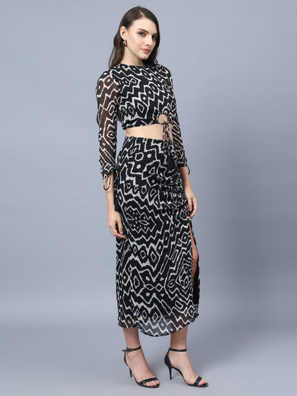 AFRICAN PRINT CO-ORD SET WITH FRONT TIE AND RUCHED SKIRT WITH SLIT