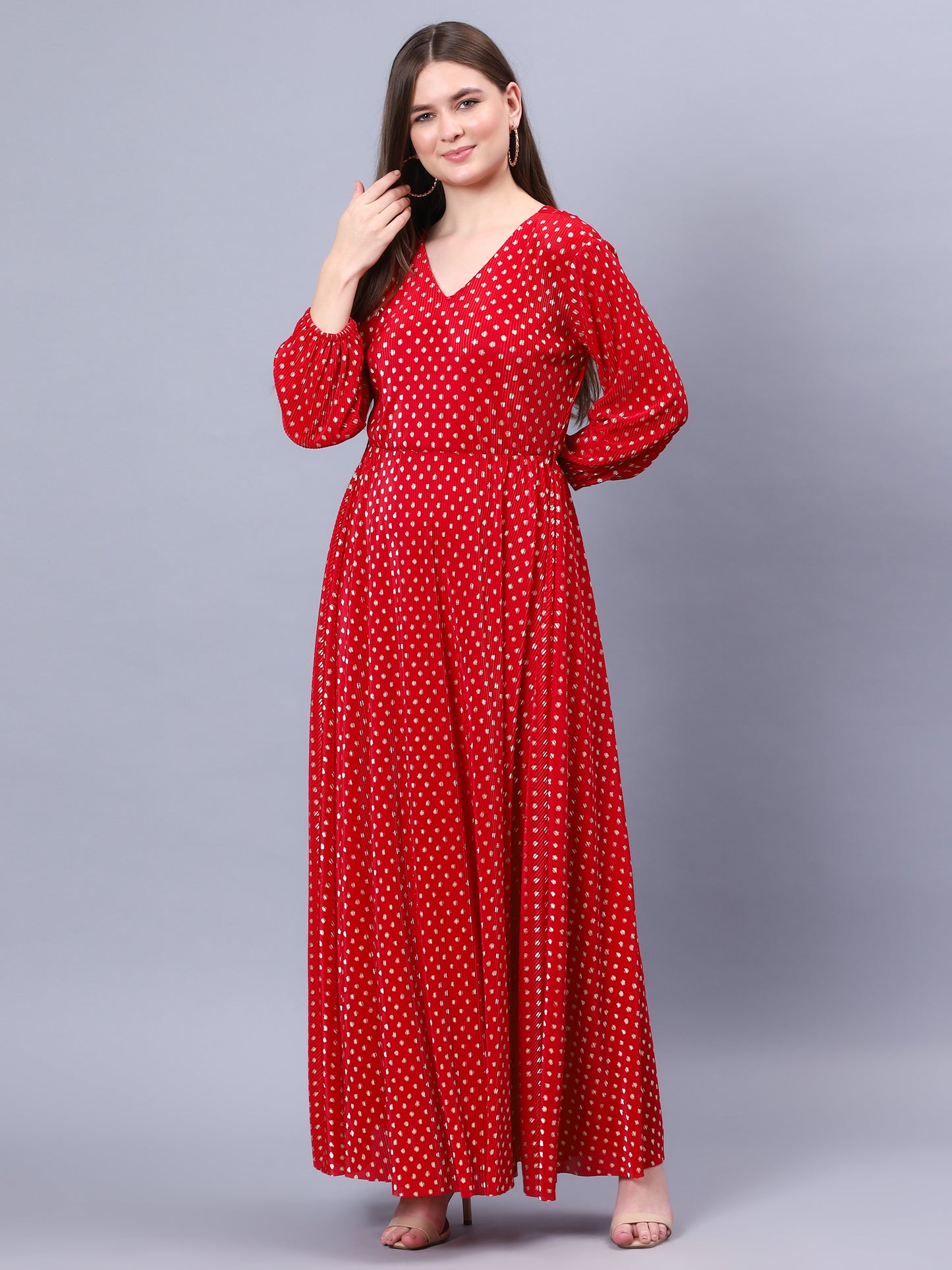 Red Pleated Festive Flared Maxi Dress With Golden Foil Polka Dot