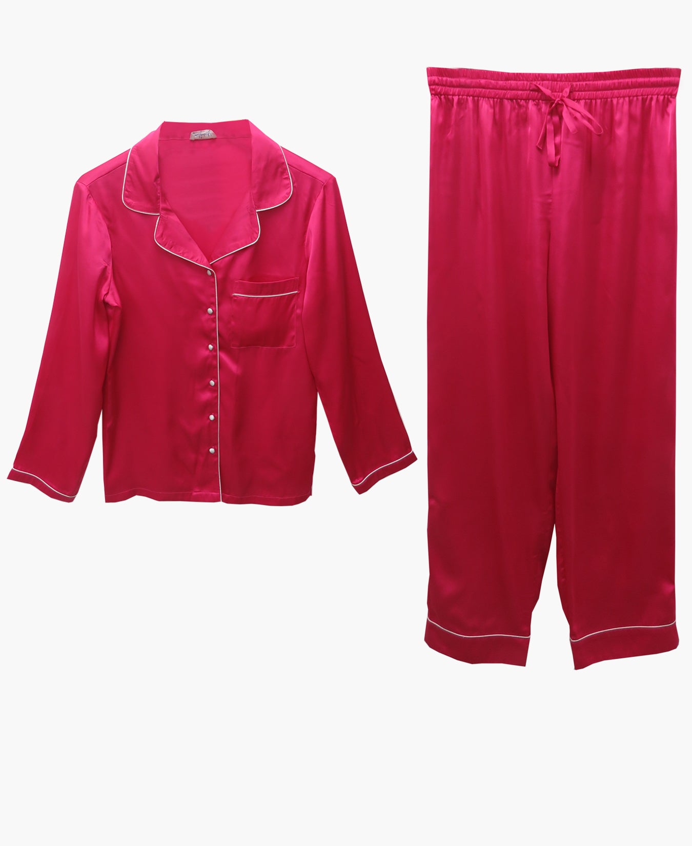 A Glam Pink Satin Night Suit With Full Sleeves, And White Piping.