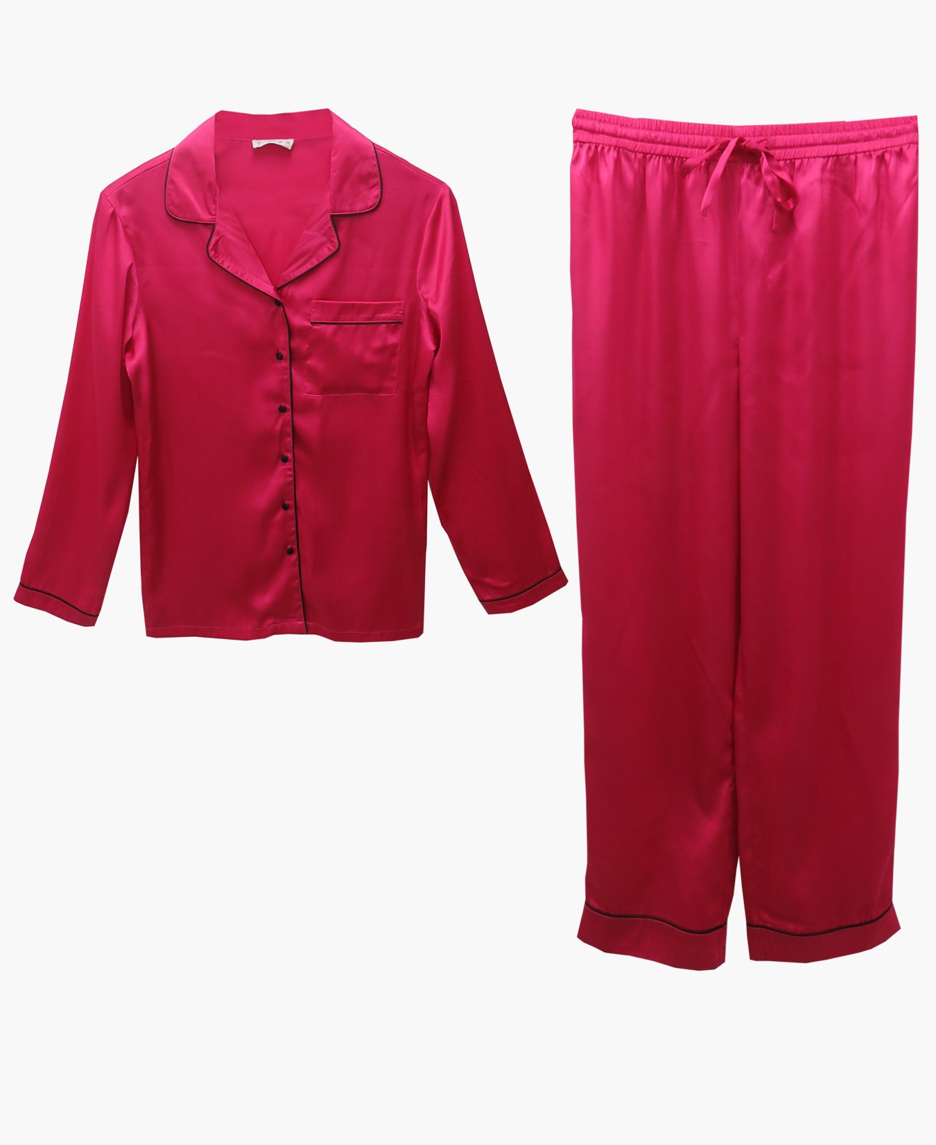 A GLAM PINK SATIN NIGHT SUIT WITH FULL SLEEVES, AND BLACK PIPING.