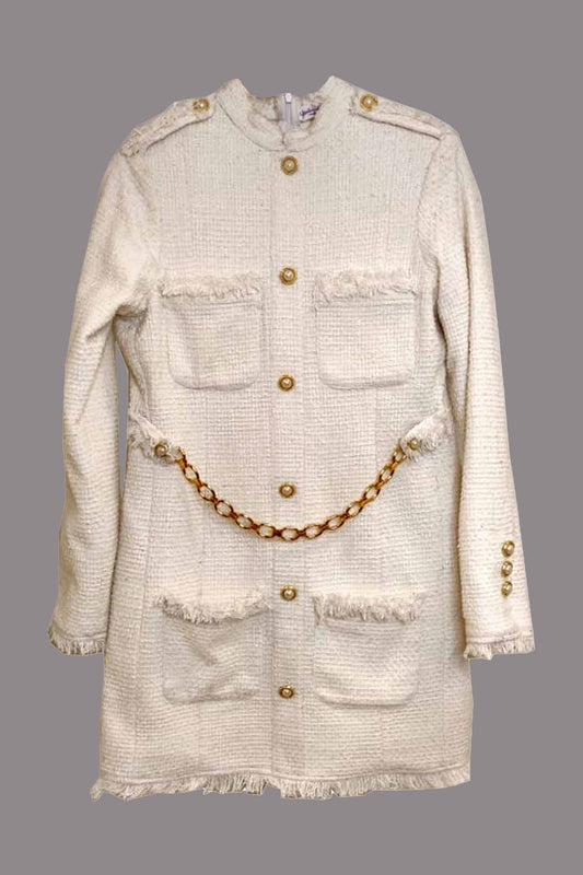 White Tweed Dress With Golden Chain And Buttons