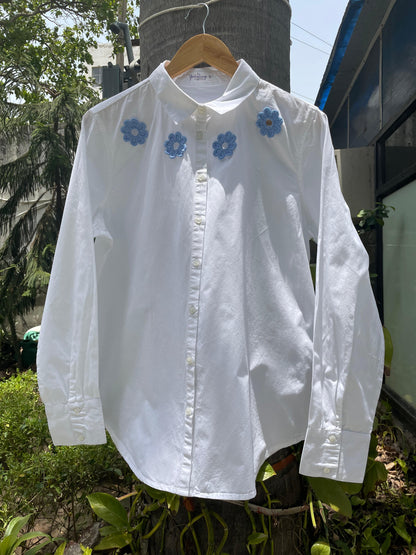 White Cotton Shirt With Contrast Flower Patch Details