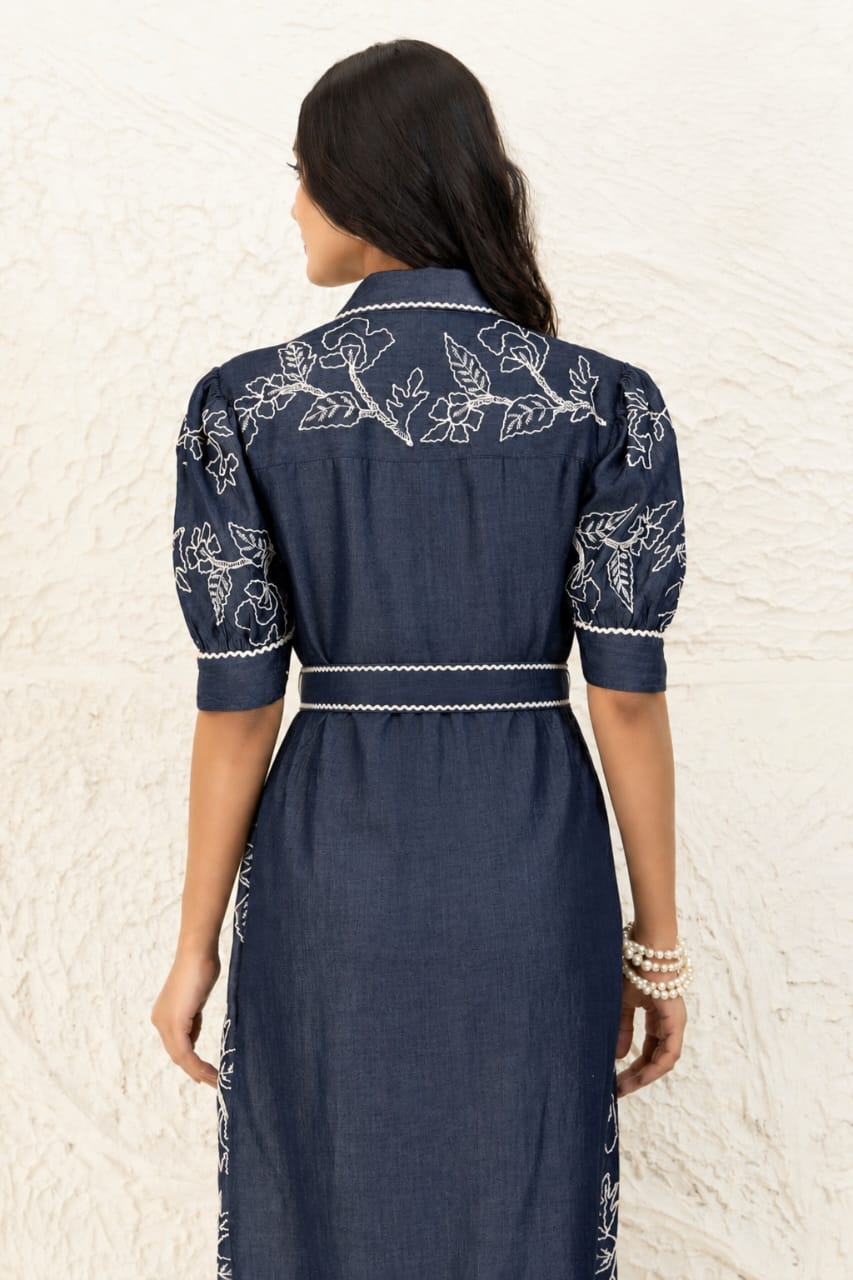 Indigo Embroidered Shirt dress