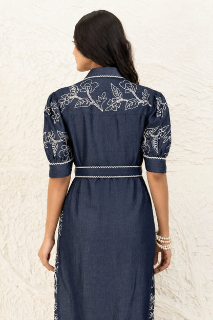 Indigo Embroidered Shirt dress