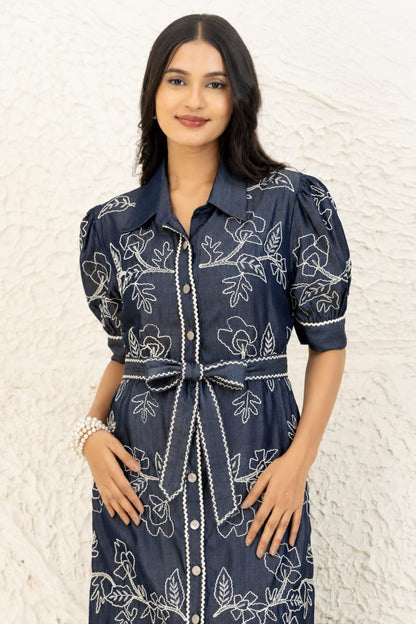 Indigo Embroidered Shirt dress