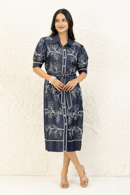 Indigo Embroidered Shirt dress