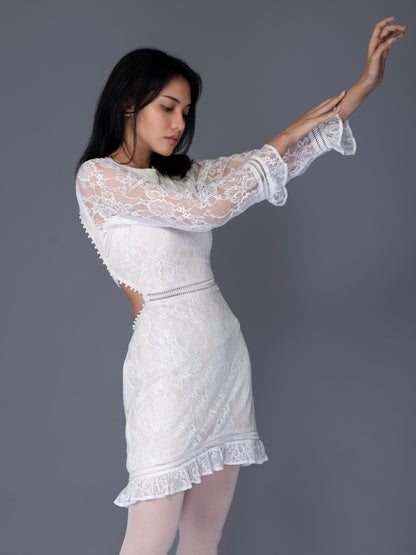 LACE CUT-OUT MINI DRESS- FULL SLEEVE WITH FRILL & PEARL