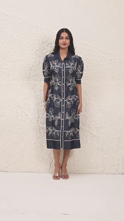 Indigo Embroidered Shirt dress