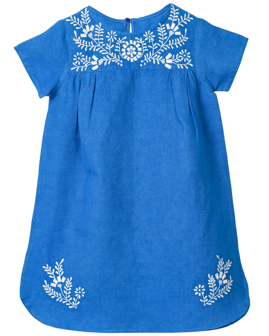 LINEN DRESS IN A STRIKING  BLUE WITH EMBROIDERY