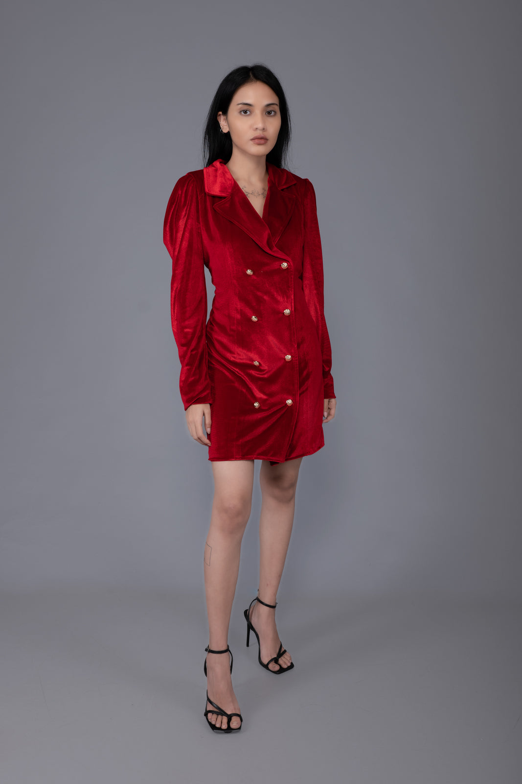 Royal Red Blazer Dress With Leg Of Mutton Full Sleeve, Enhancing Golden Buttons