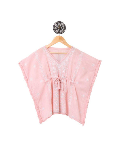 PINK AND WHITE  EMBROIDERED KAFTAN,HAS A V NECK,GATHERED AND TIE UP DETAIL ON THE FRONT