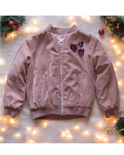HELLO PANDA JACKET IN A BEAUTIFUL LILAC WITH PURPLE HEART EMBELLISHMENT           (LEAD TIME 10-15 DAYS)