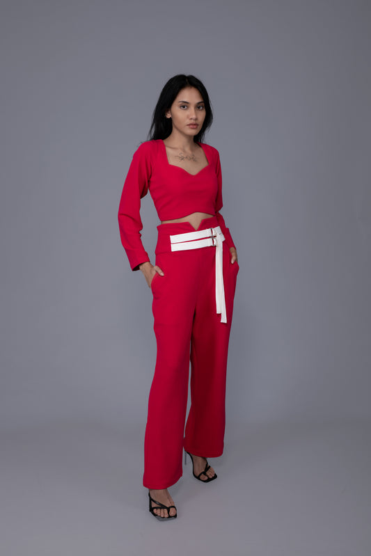 Aesthetic Two Piece Set Of High Waist Wide Leg Pant With Contrast Layered Belt And Crop Top With Straight Fit Sleeve