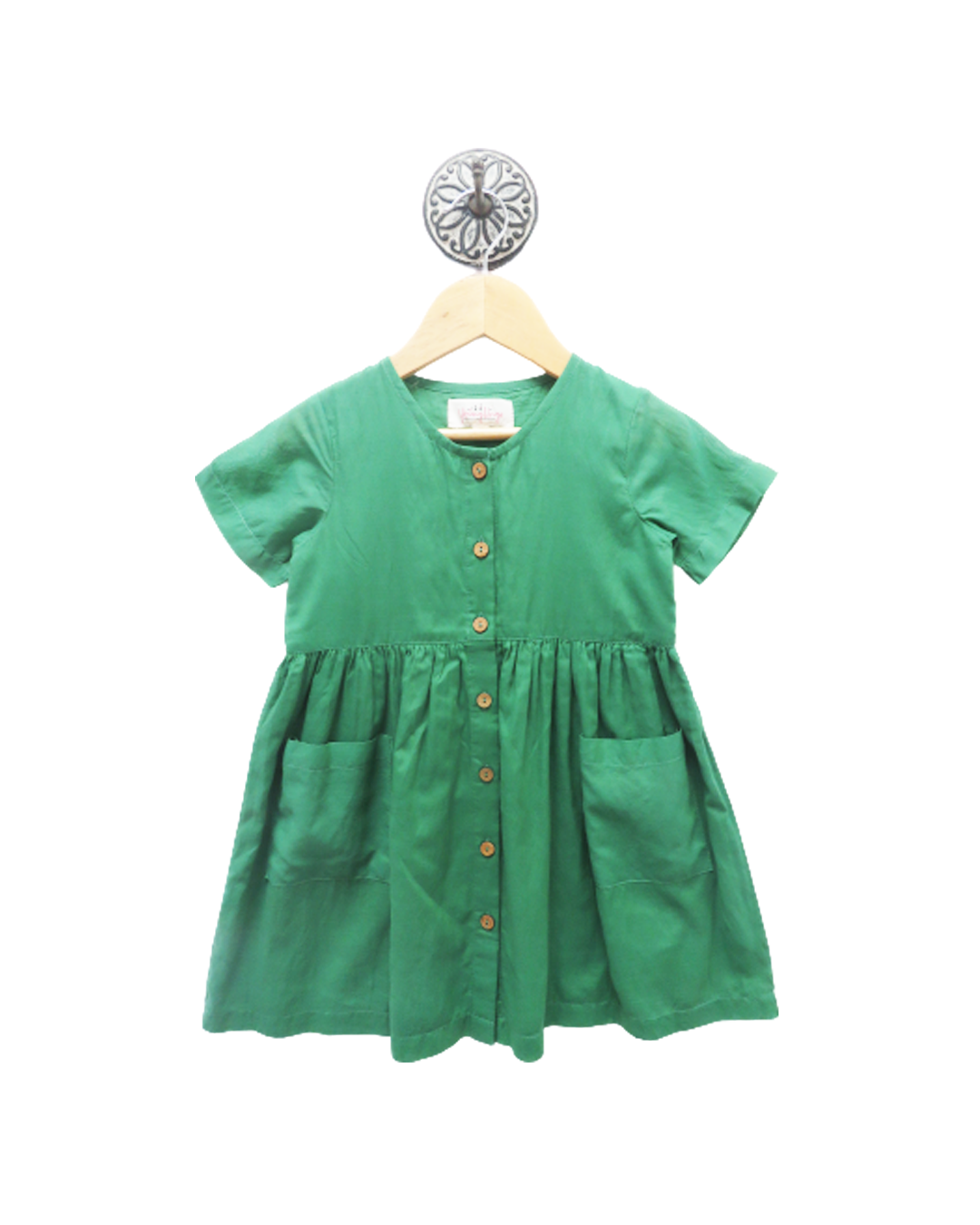 GREEN CASUAL DRESS WITH FRONT POCKET AND WOODEN BUTTONS