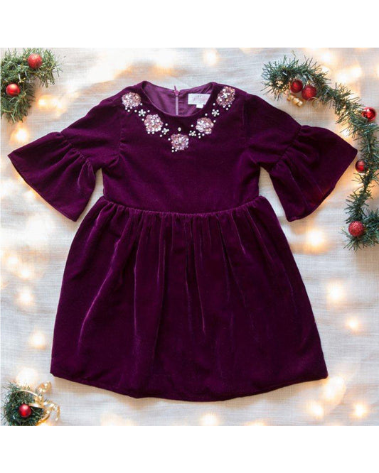 Embellished Plum Velvet Dress With Bell Sleeves             (Lead Time 10-15 Days)