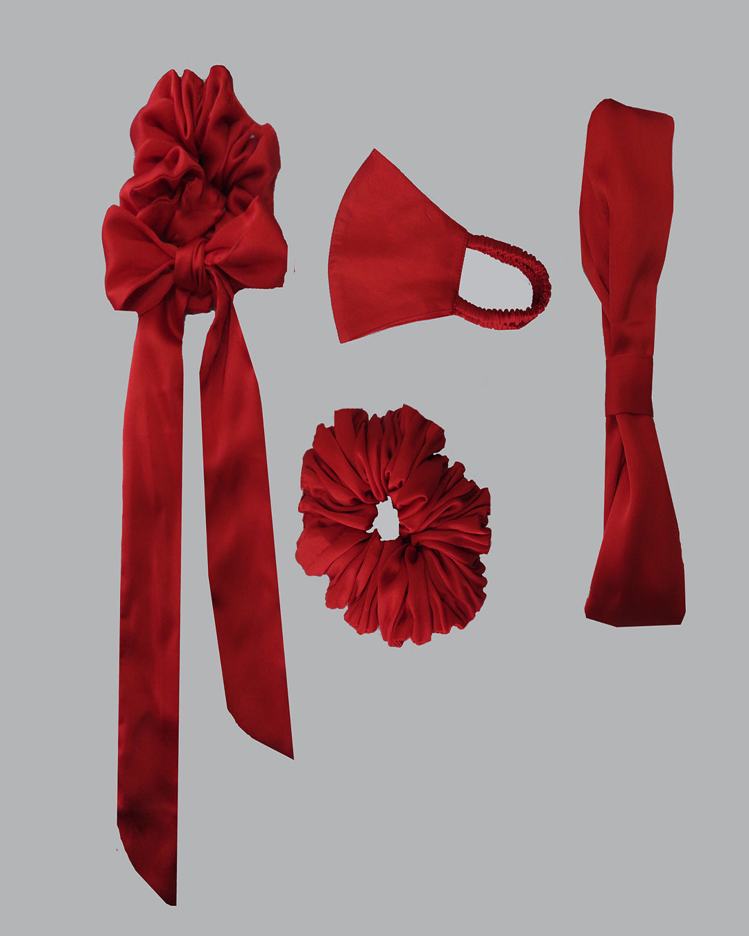 Red Satin Mask,Scrunchies And Hairband 4 Combo Set