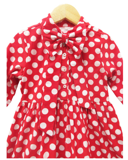 RED POLKA DOTTED WINTER DRESS WITH FRILLS AND BOW