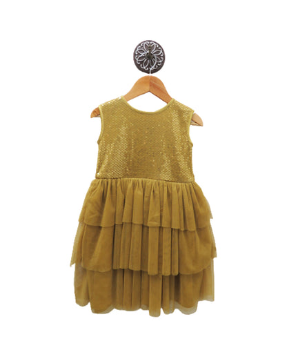 GOLD SEQUIN FESTIVE DRESS WITH FRILLS