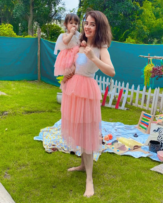 White And Pink Soft Net Dress With Smocking Detail And Tie Up Shoulder Straps