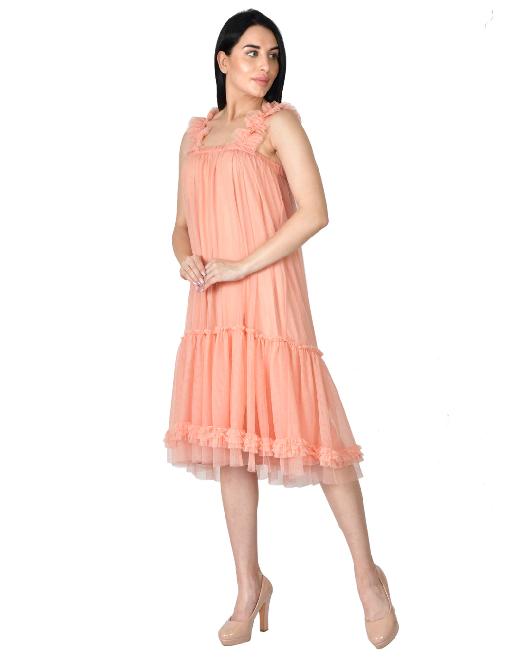 FRILLY PARTY TWINNING DRESS IN A SOFT PEACH
