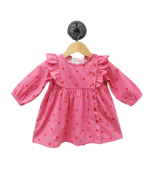 PINK FRILLY WINTER DRESS WITH RED POLKA DOTS