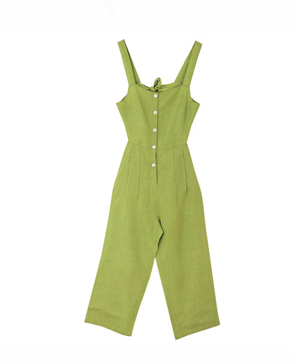 Linen Jumpsuit With Key Hole And Tie Up  Back