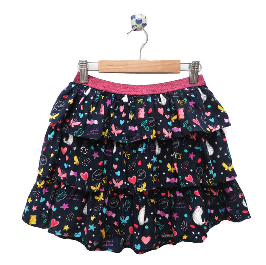 LAYERED BUTTERFLY AND HEART PRINT SKIRT WITH A METALLIC PINK BAND