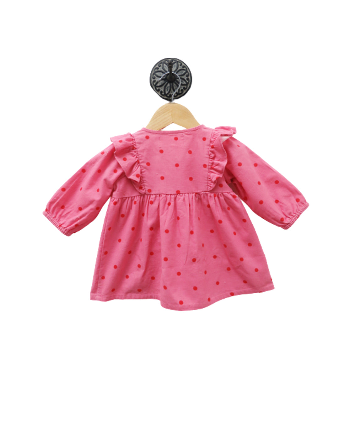 Pink Frilly Winter Dress With Red Polka Dots