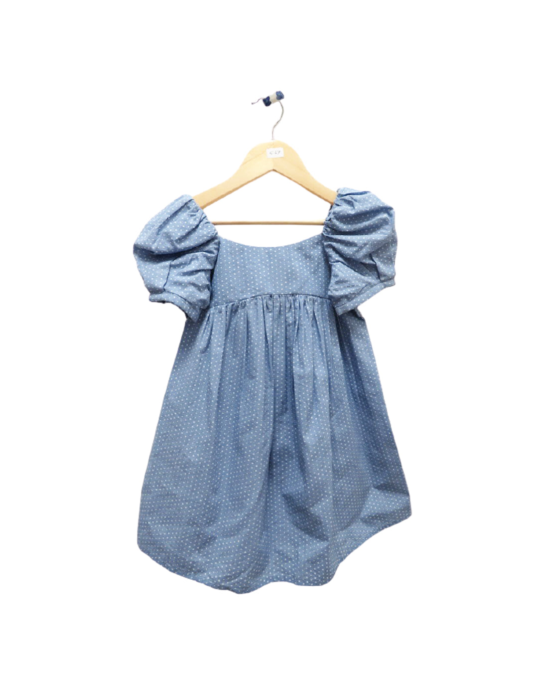 BLUE PUFFED SLEEVES DRESS WITH WHITE POLKA DOTS