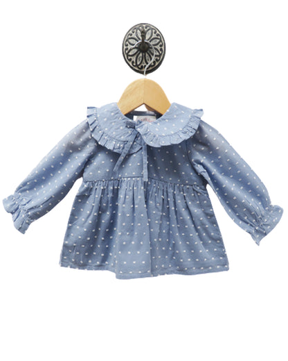 Dobby Dress With Frilly Collar And Bow