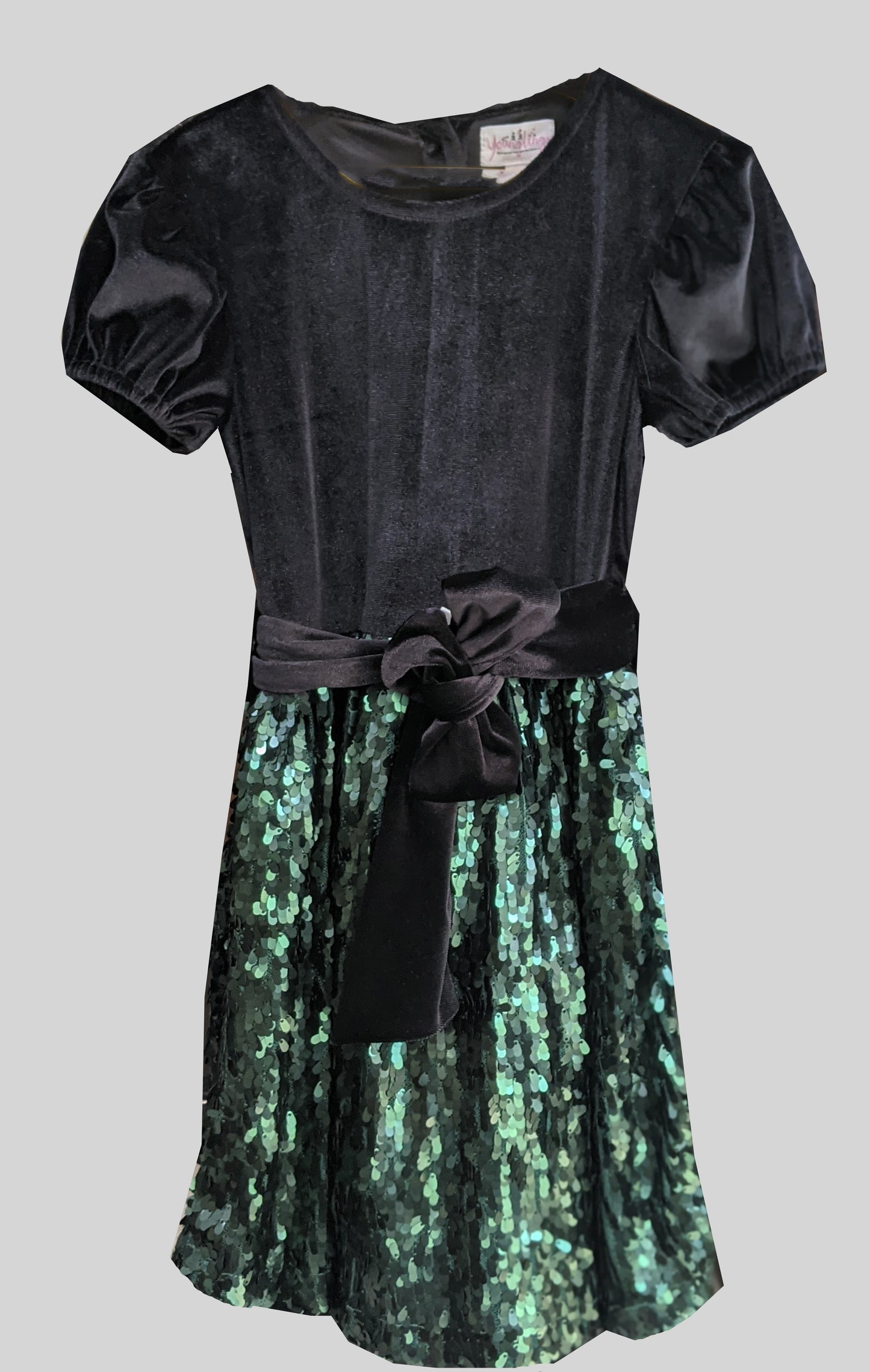 BLACK VELVET DRESS WITH GREEN SEQUINS ON THE FRONT,ZIP AT THE BACK AND SHORT PUFF SLEEVES AND DETACHABLE TIE BELT AT THE WAIST