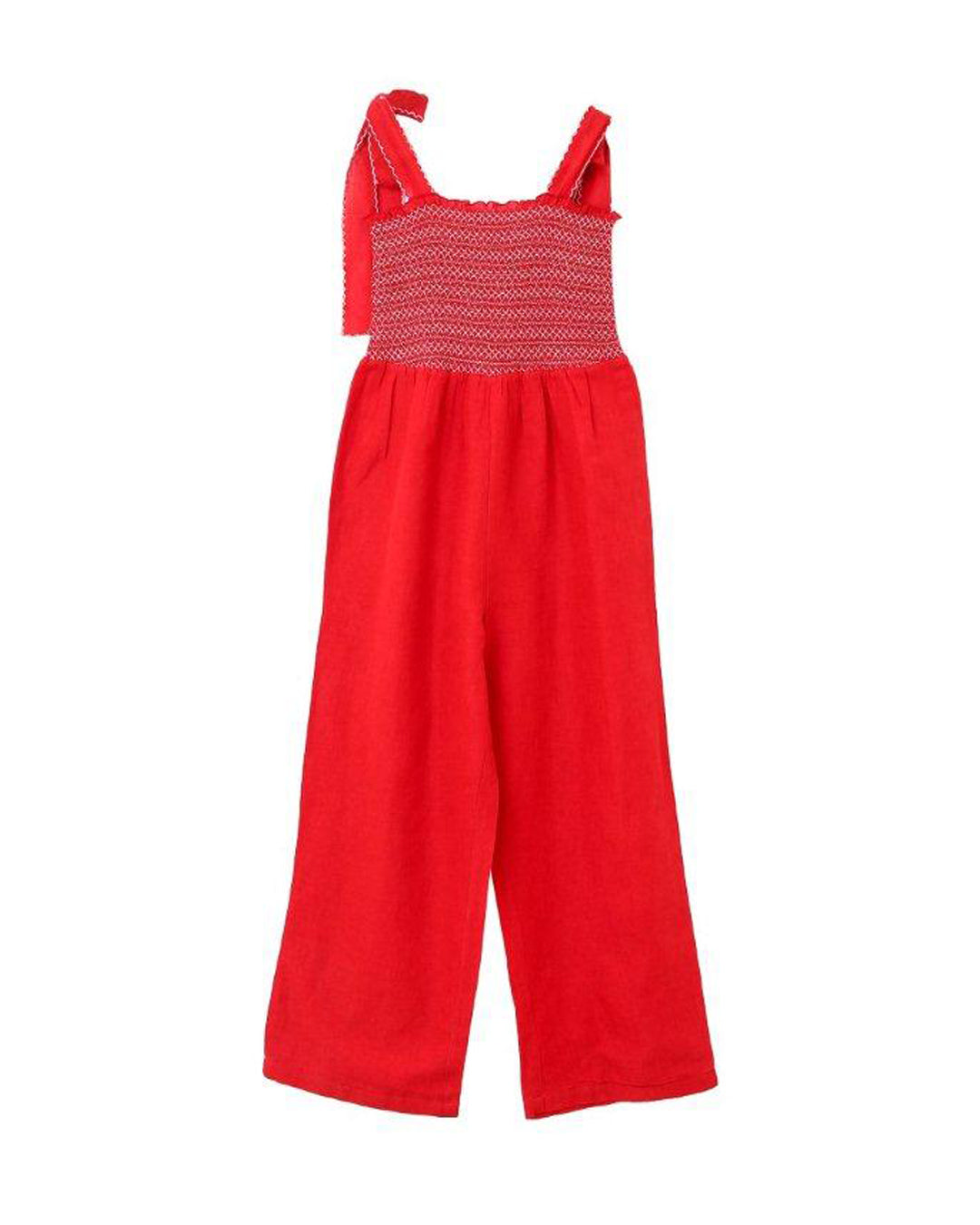 RED LINEN JUMPSUIT  WITH SMOCKING ON THE FRONT AND TIEUP STRAPS