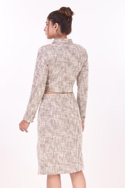 BEIGE TWEED COORD SET WITH JACKET AND SKIRT