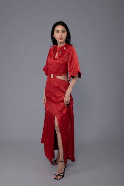 SATIN FLARED LONG DRESS WITH SLIT,WAIST CUT-OUT AND LASER CUT WITH SCALLOP DETAIL