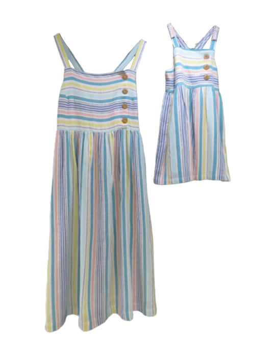 PASTEL STRIPED STRAPPY TWINNING DRESSES WITH WOODEN BUTTONS