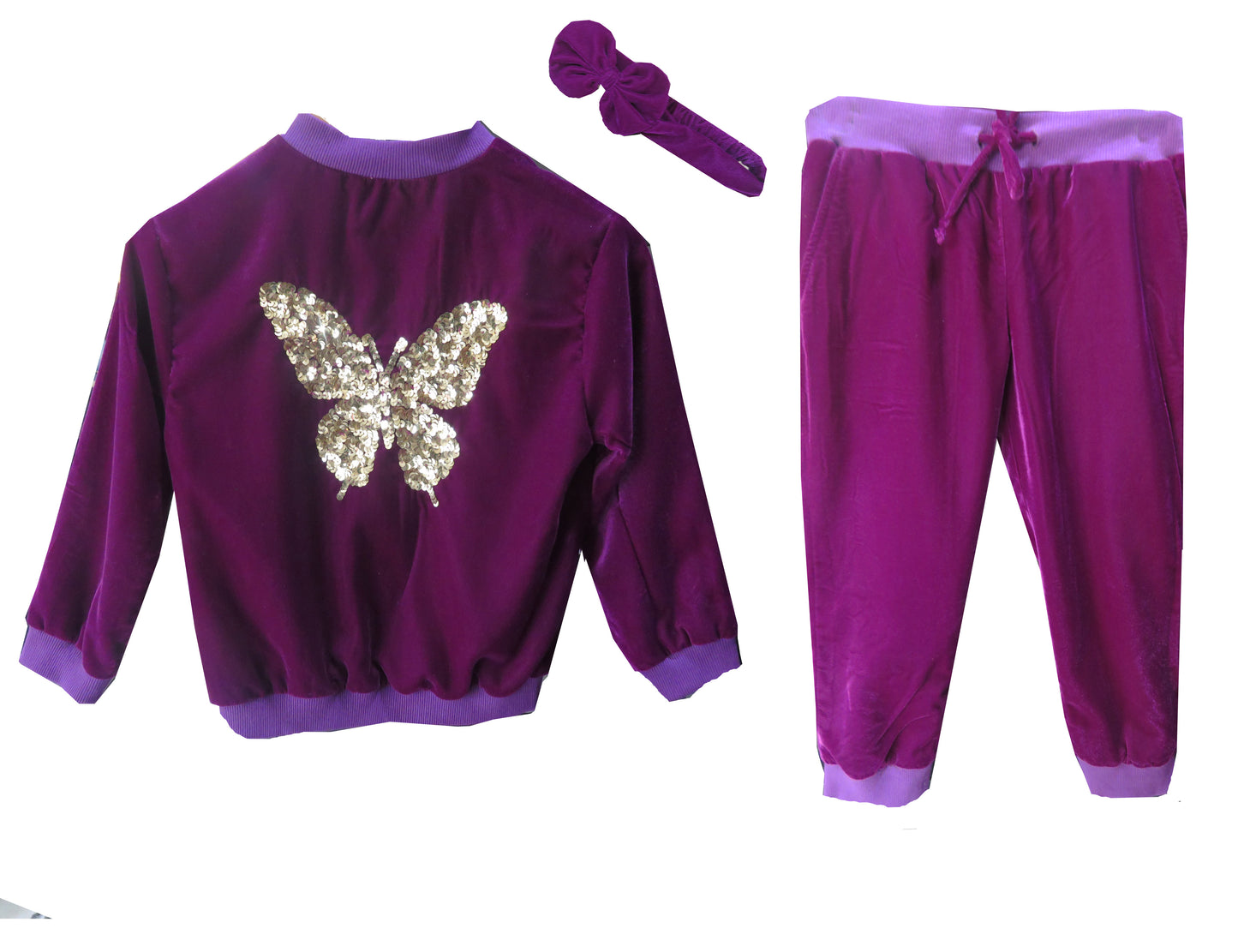 PURPLE VELVET TRACK SUIT WITH A SEQUINNED BUTTERFLY ON THE BACK AND HAIRBAND ( LEAD TIME 15-20 DAYS)