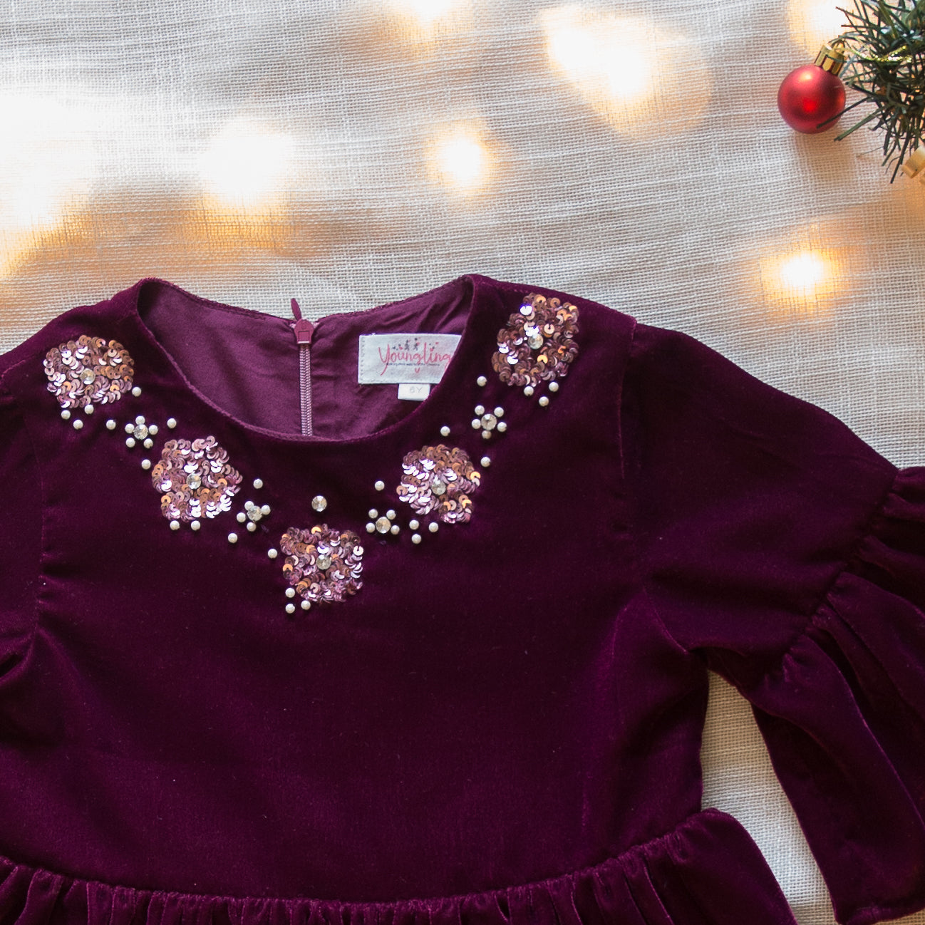 EMBELLISHED PLUM VELVET DRESS WITH BELL SLEEVES             (LEAD TIME 10-15 DAYS)