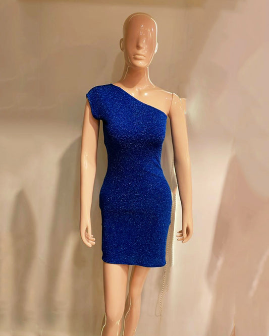 Embellished Blue Party One Shoulder Dress