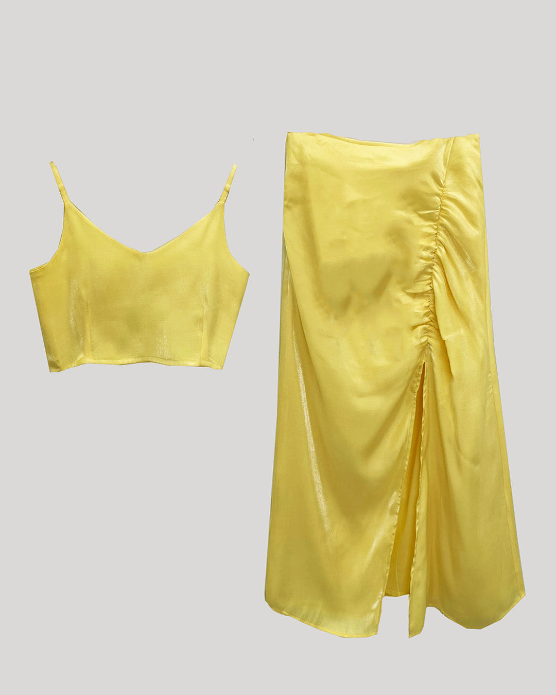 YELLOW SATIN SKIRT AND TOP COORD SET WITH FRONT SLIT