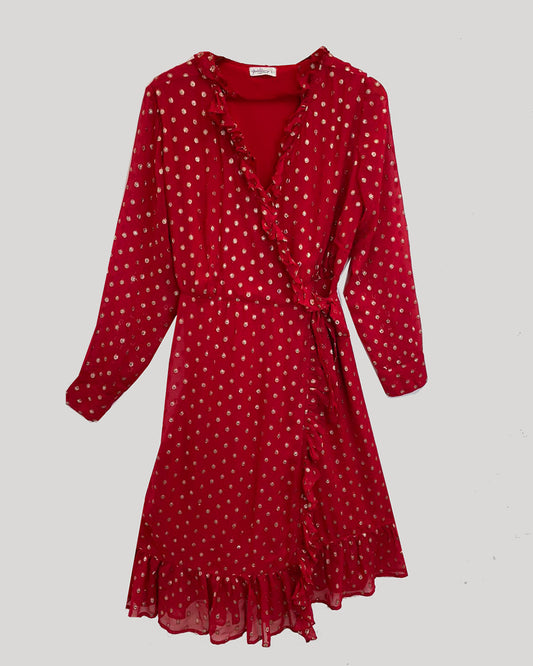 RED FESTIVE WRAP-AROUND DRESS