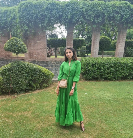 Green Tiered Maxi Dress With Baloon Sleeves And Pockets