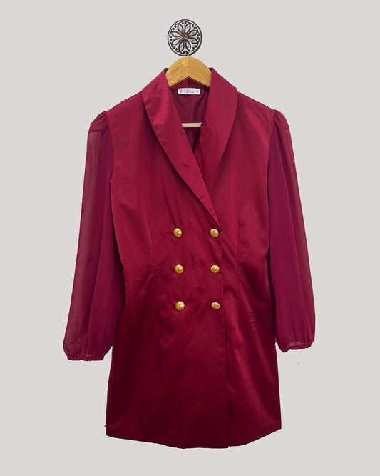 Maroon Coat Satin Dress With Golden Buttons