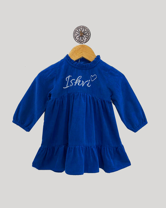 BLUE CORDUROY DRESS WITH CUSTOMIZED INITIAL