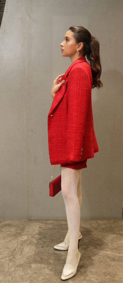 RED SHIMMER TWEED COORD SET WITH BLAZER AND SHORTS.
