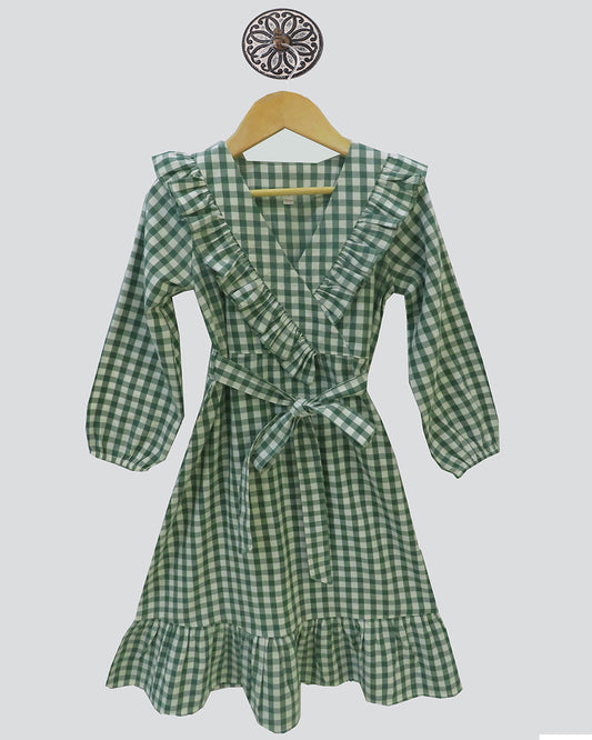 GREEN AND WHITE CHECKED WINTER DRESS WITH BOW BELT